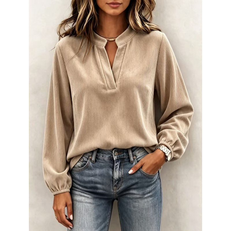 Ribbed Henley Neck Long Sleeve Top Half-Open V-Neck Lantern Sleeve Loose Fit