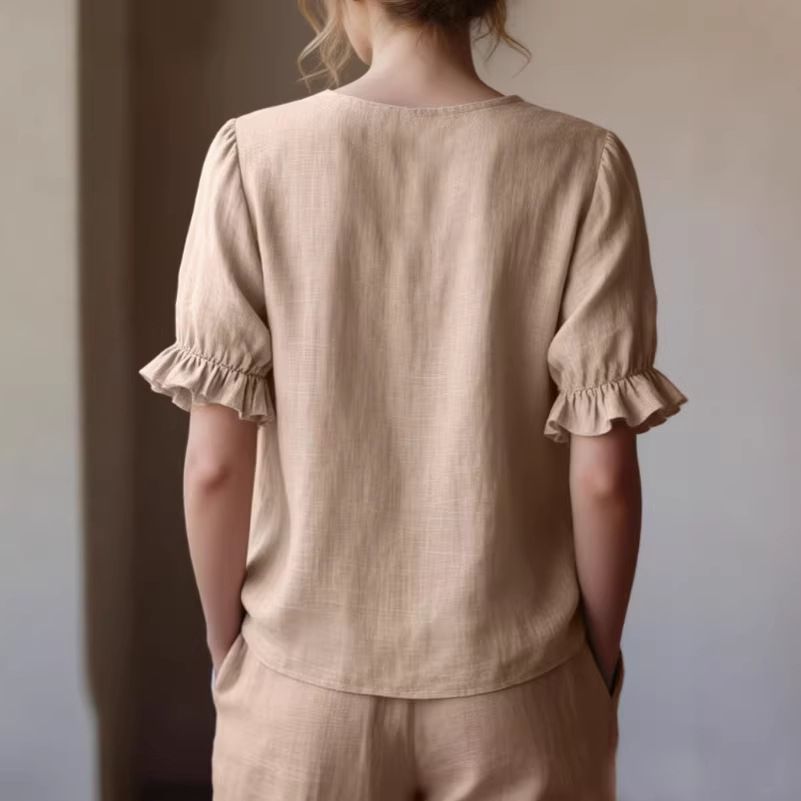 Women's Solid Ruffle Trim Puff Sleeve Knit Top French Elegant Blouse