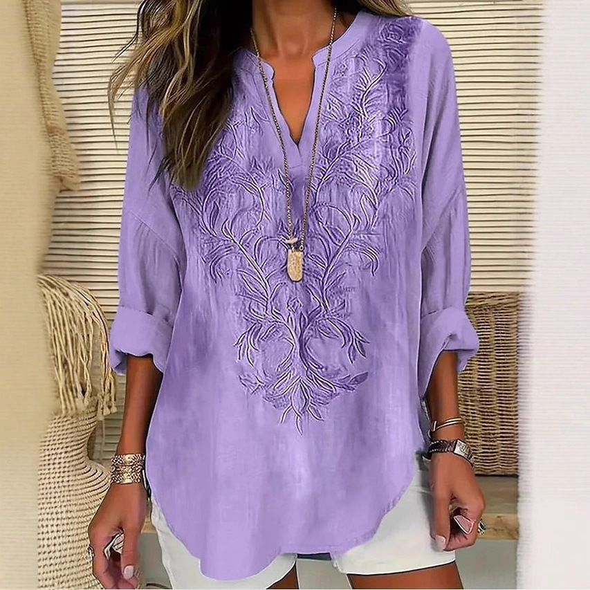 Floral Print V-Neck Long Sleeve T-Shirt for Women