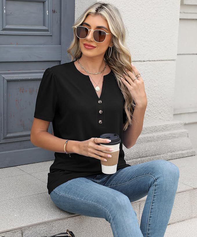 V-Neck Button-Down Short Sleeve Solid Shirt