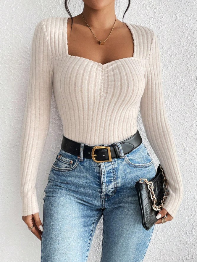 Women's Front Ruched Slim Fit Knit Long Sleeve Top