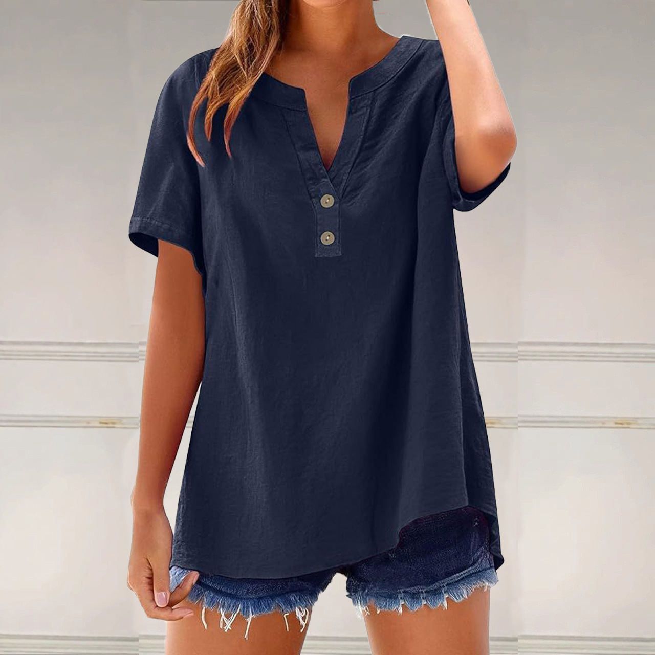 Women's Casual Loose Cotton-Blend Shirt Short Sleeve V-Neck Colorblock Top