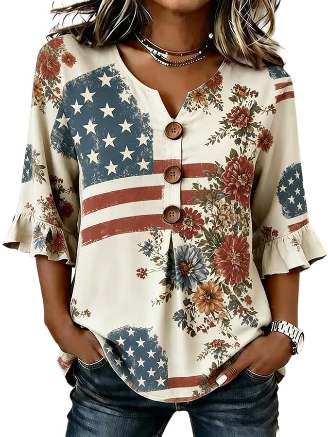 Women's American Floral Flag Print V-Neck Half-Sleeve T-Shirt