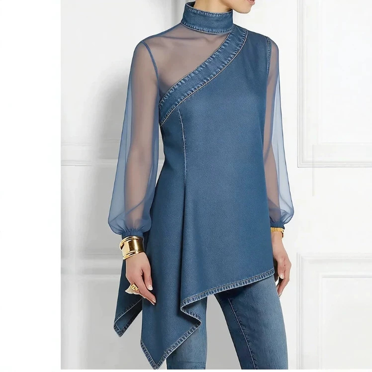 Mesh Spliced Denim Waist-Cinched Button-Up Shirt Top