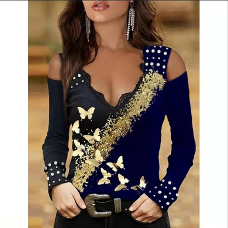 Women's Lace V-Neck Off-Shoulder Gold Butterfly Print Long-Sleeve T-Shirt