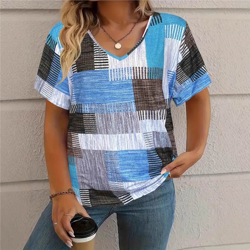 Women's Square Print V-Neck Short Sleeve T-Shirt