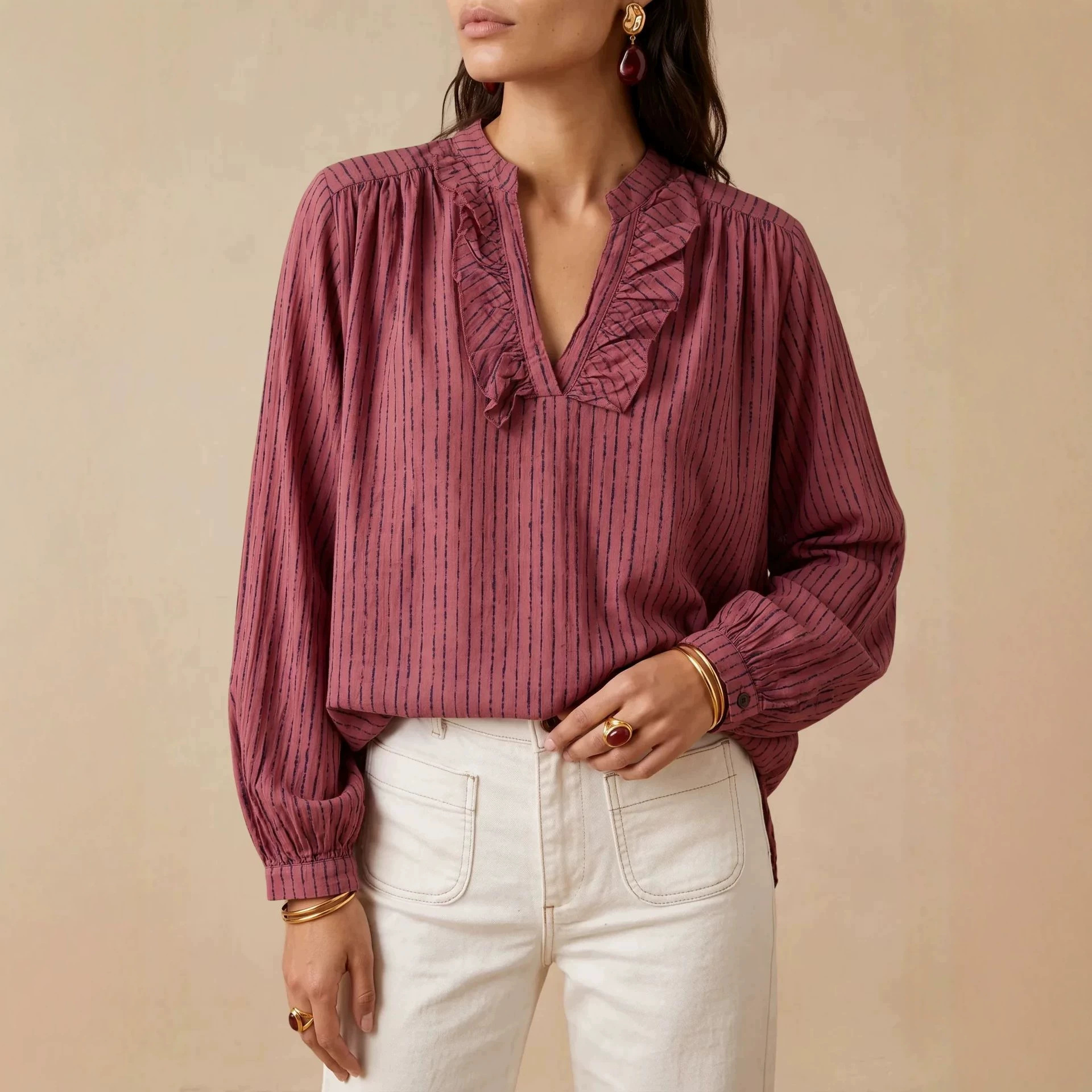 Ruffle V-Neck Long Sleeve Striped Women's Shirt