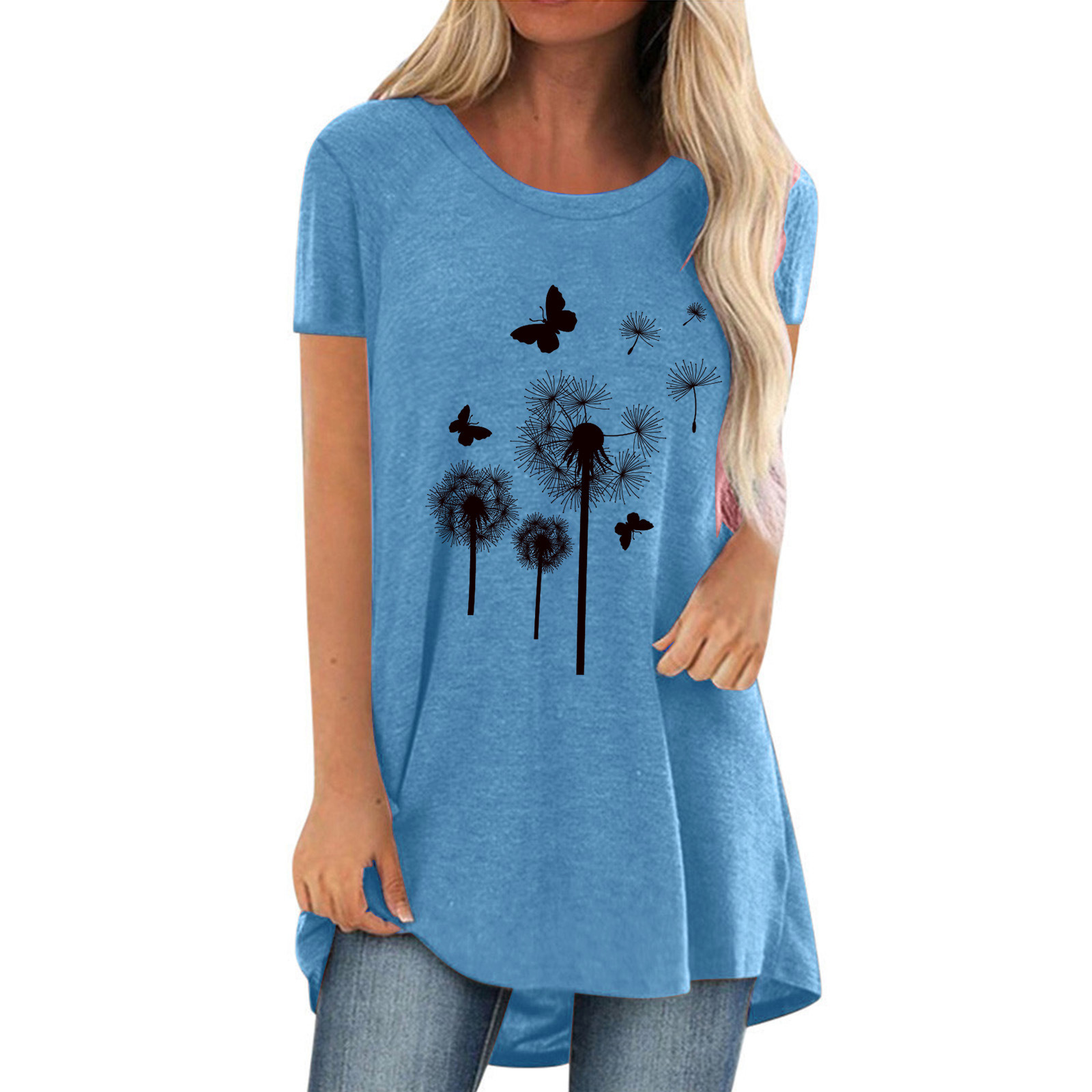 Dandelion Print Crewneck Short Sleeve Women's Top