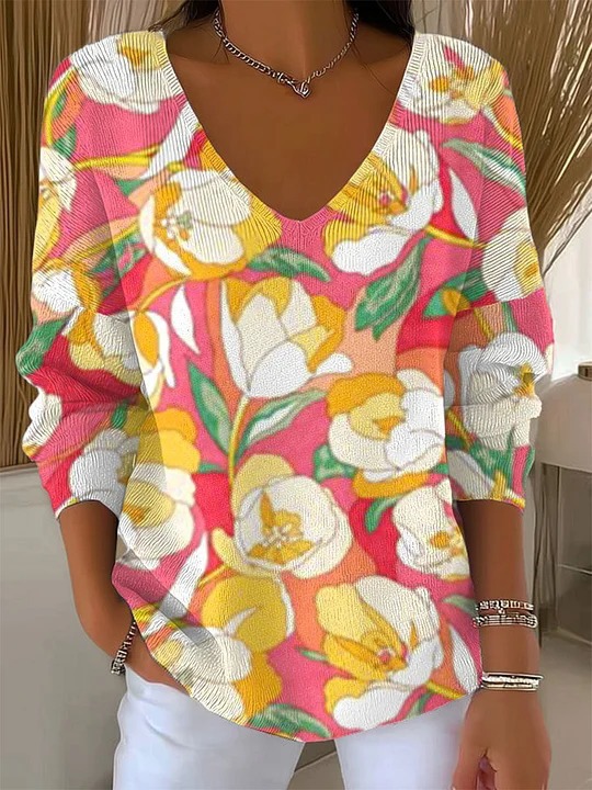 Women's V-Neck Long-Sleeve Floral Heart Strawberry Plaid Print T-Shirt