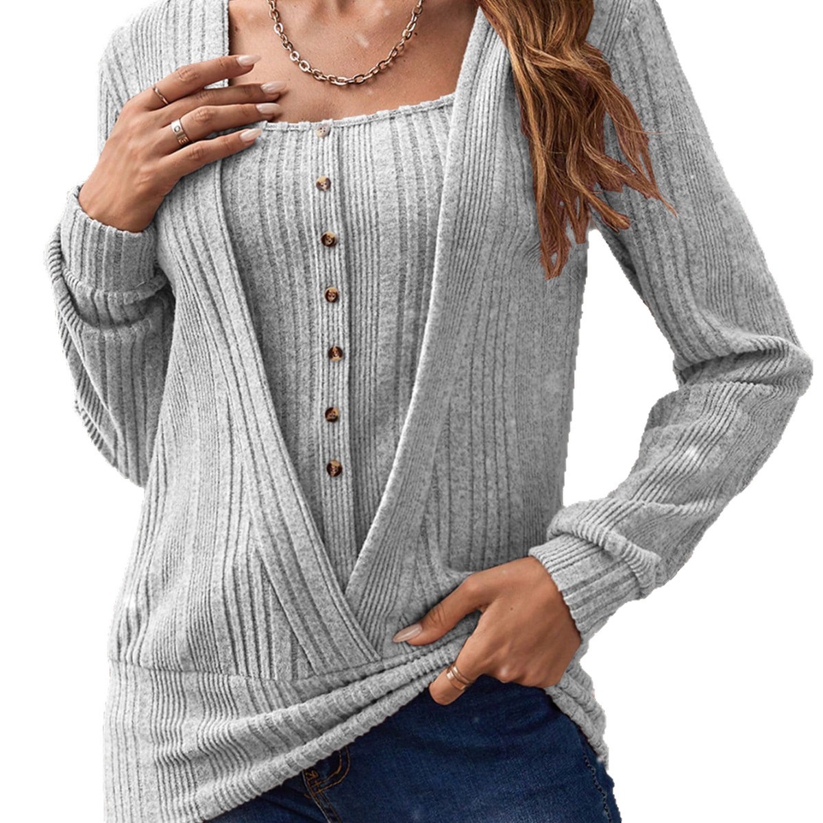 Women's Casual Button-Front Long-Sleeve Solid Knit Top