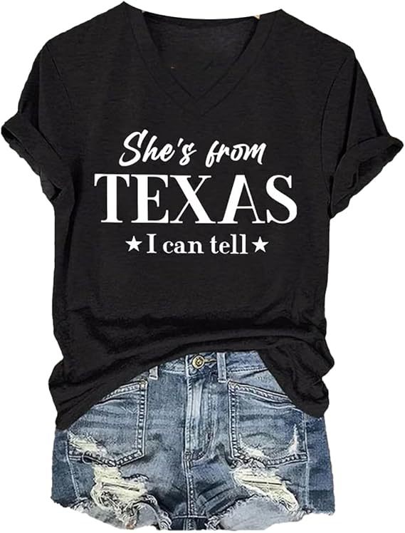 TEXAS Letter Print V-Neck Short Sleeve Women's T-Shirt