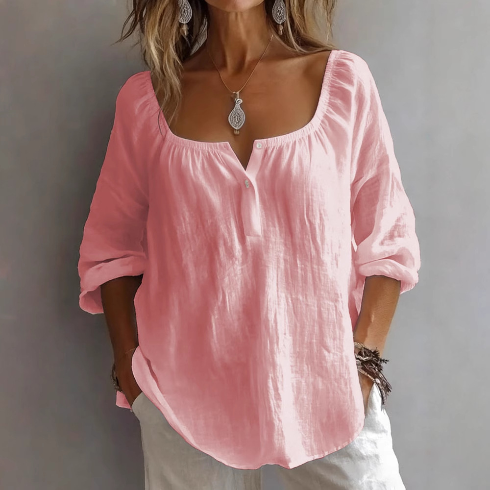Women's Casual V-Neck Long Sleeve Loose Solid Pullover T-Shirt