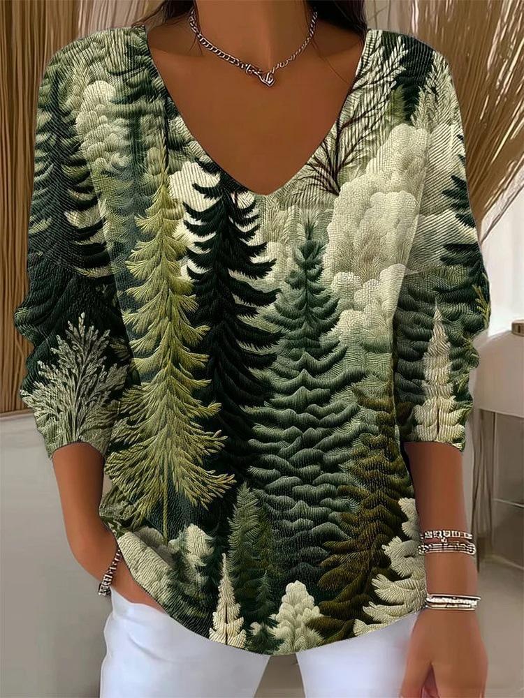 Halloween Plant & Tree Print V-Neck Long-Sleeve T-Shirt for Women
