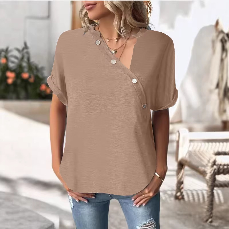 Women's Solid Twist Button Short Sleeve V-Neck Top