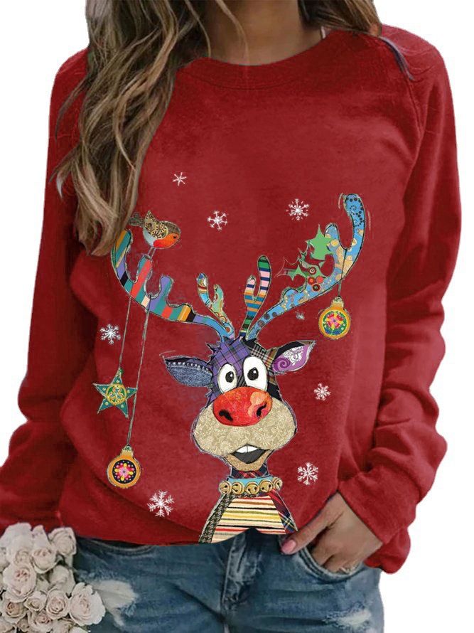 Christmas Deer Print Crewneck Long Sleeve Loose T-Shirt