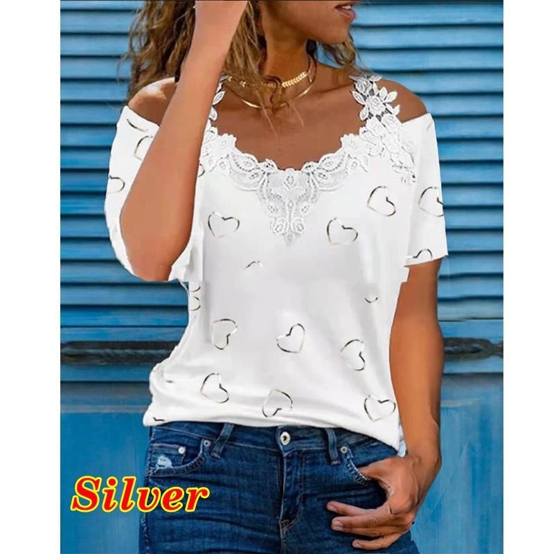 Women's Summer V-Neck Lace Trim Cold Shoulder Short Sleeve Casual T-Shirt