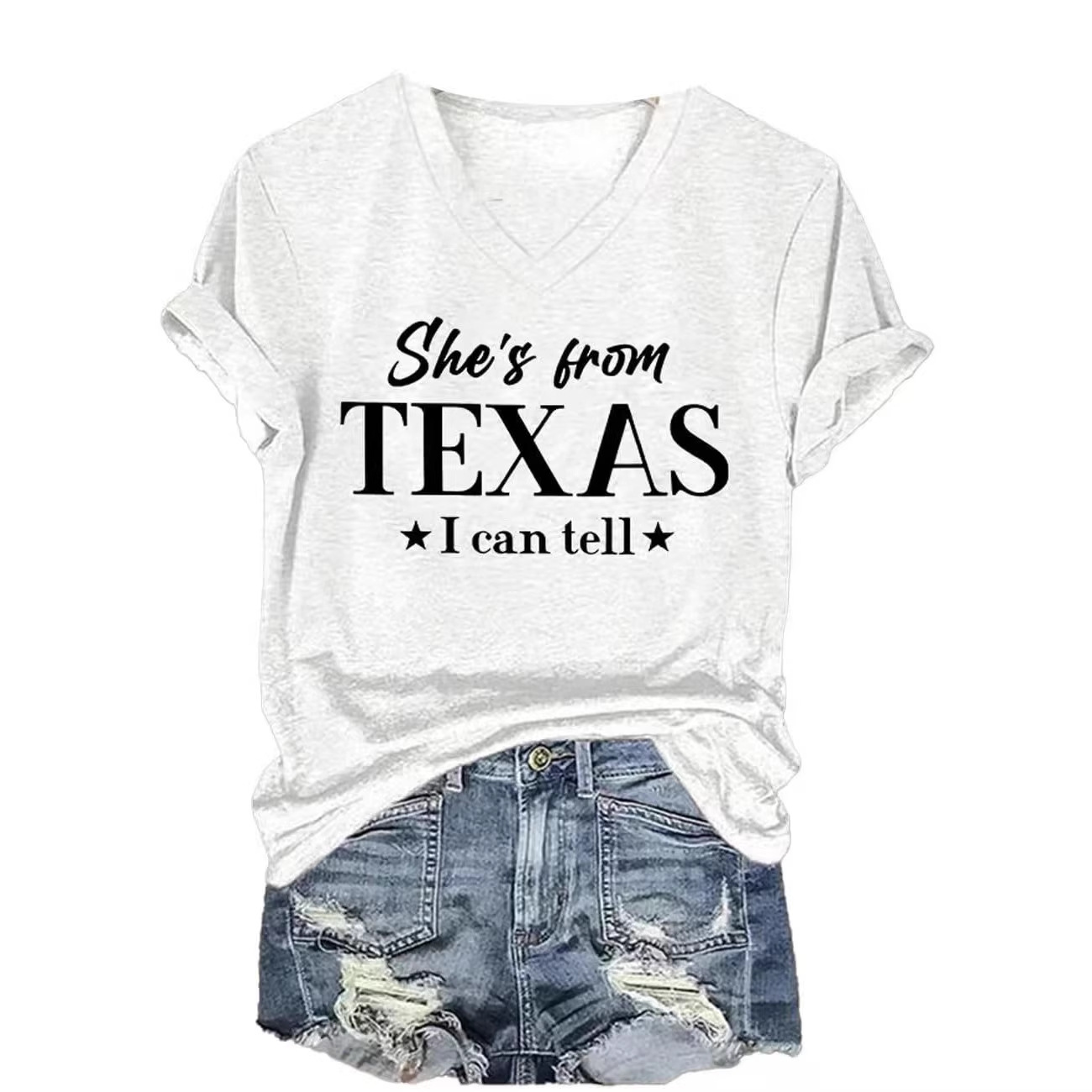TEXAS Letter Print V-Neck Short Sleeve Women's T-Shirt
