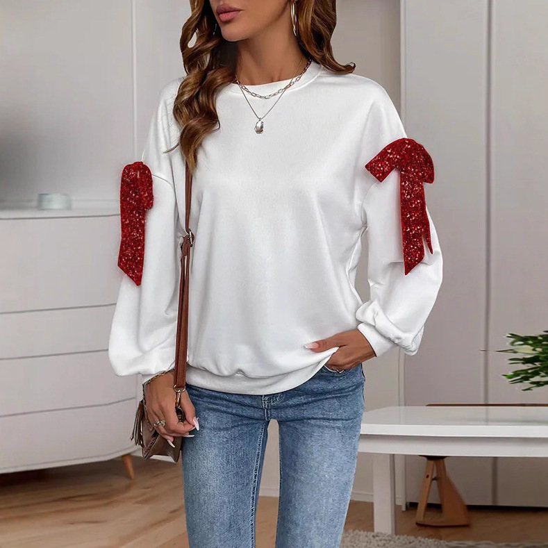 Women's Bow Sequin Long Sleeve Sweatshirt Loose Fit Crewneck Pullover