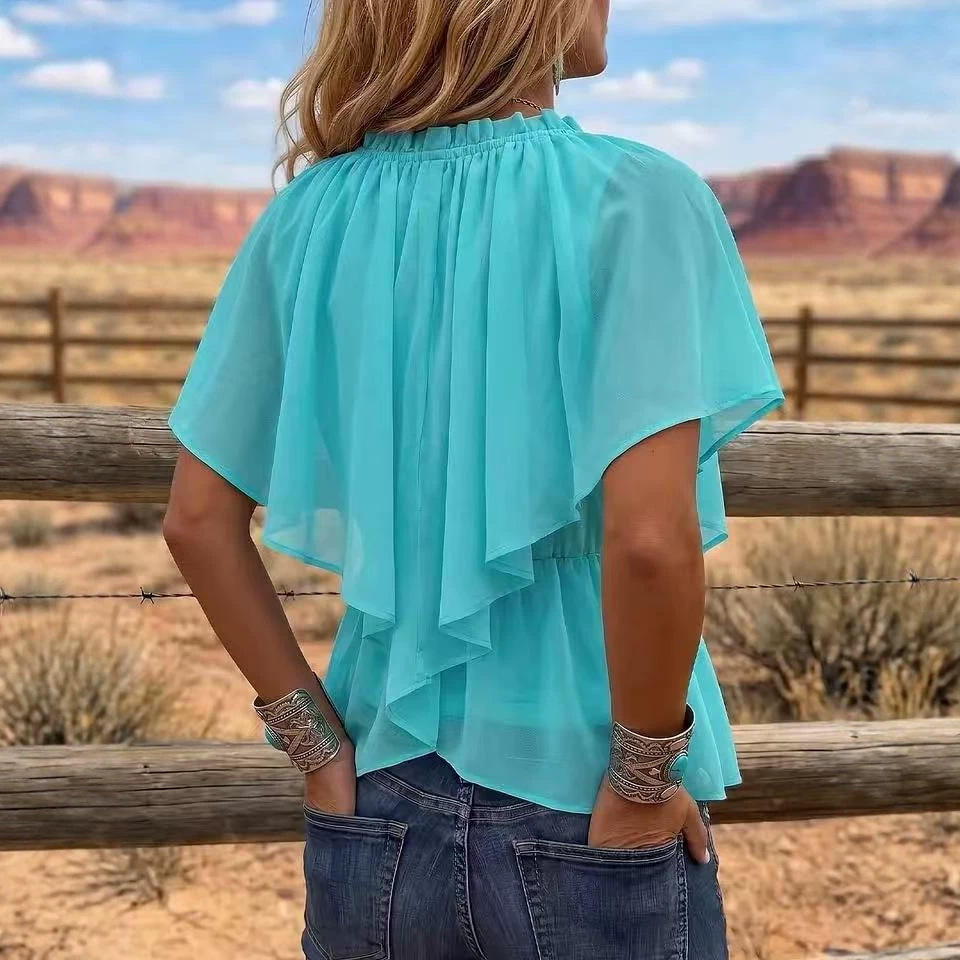 Cross V-Neck Ruched Ruffle Flutter Sleeve Chiffon Top with Cinched Waist and Asymmetrical Hem