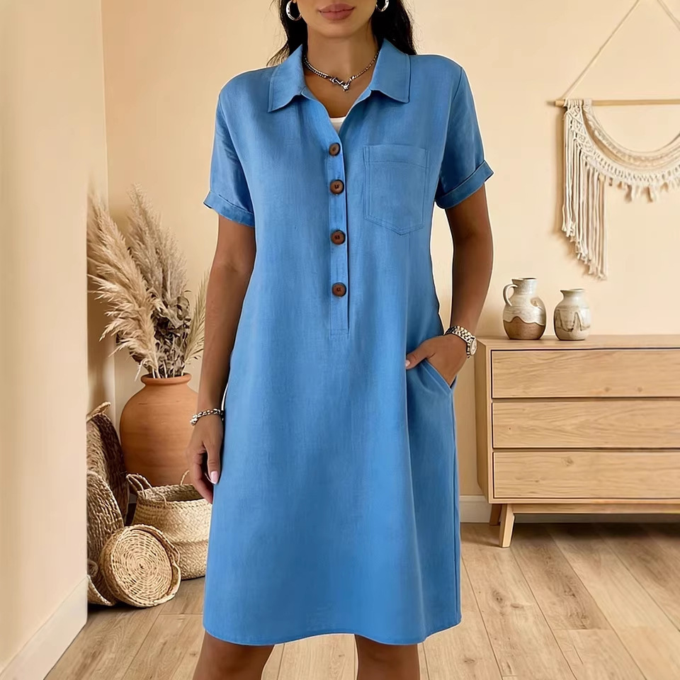 Women's Casual Button Cotton-Linen Short Sleeve Midi Dress