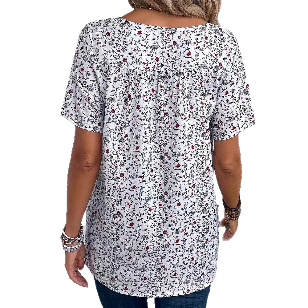 Elegant Floral Print V-Neck Short Sleeve Women's Top