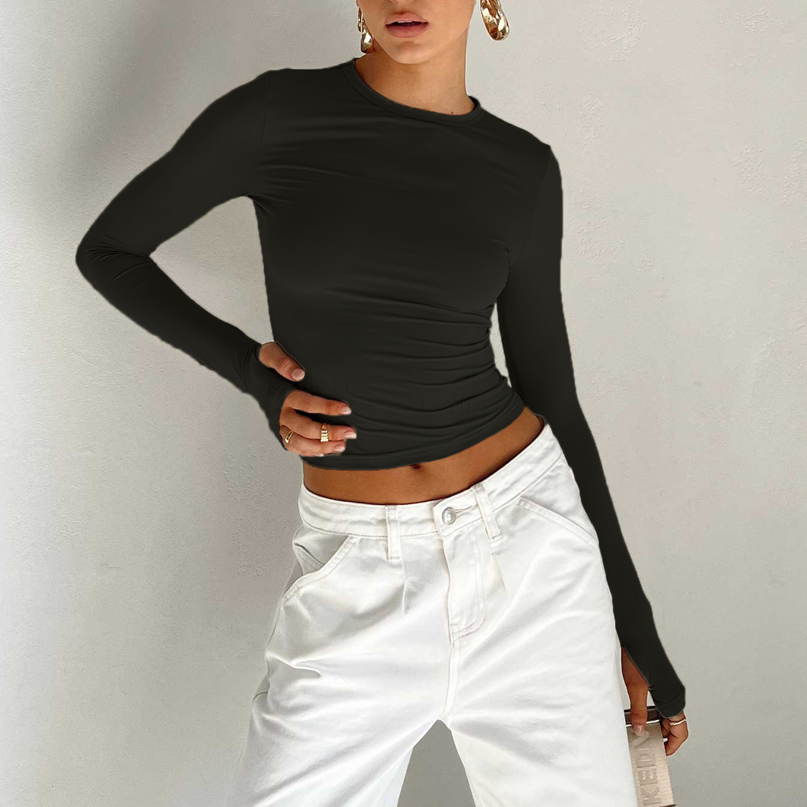 Women's Solid Crewneck Slim Fit Long Sleeve Top