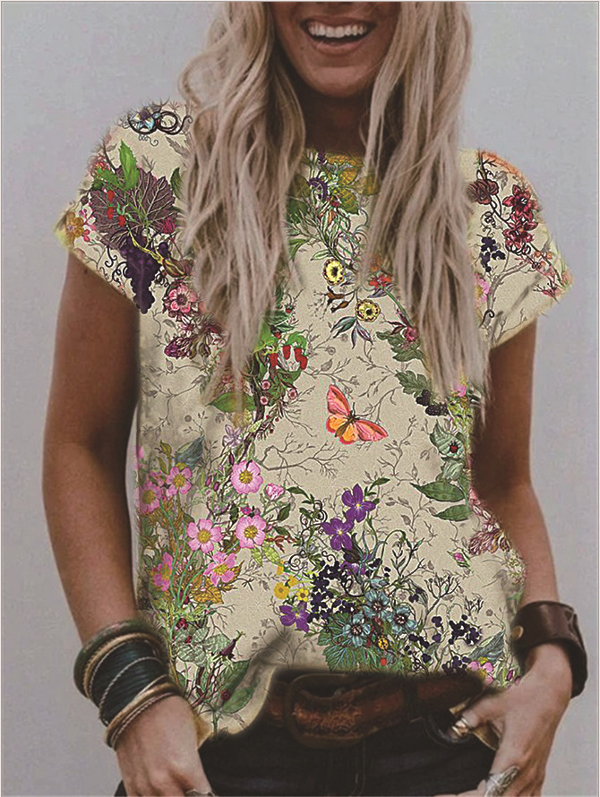Women's V-Neck Floral Print Short Sleeve Loose Fit T-Shirt