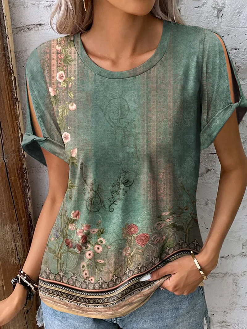 Women's Ethnic Floral Print Short Sleeve T-Shirt Casual Comfortable