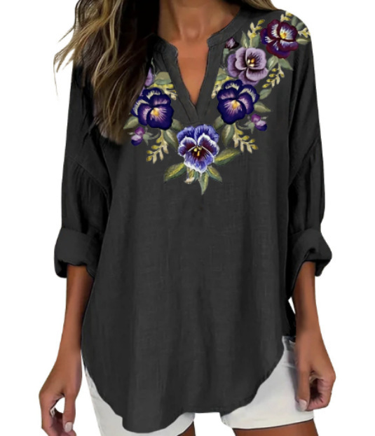 Floral Print V-Neck Long Sleeve T-Shirt for Women