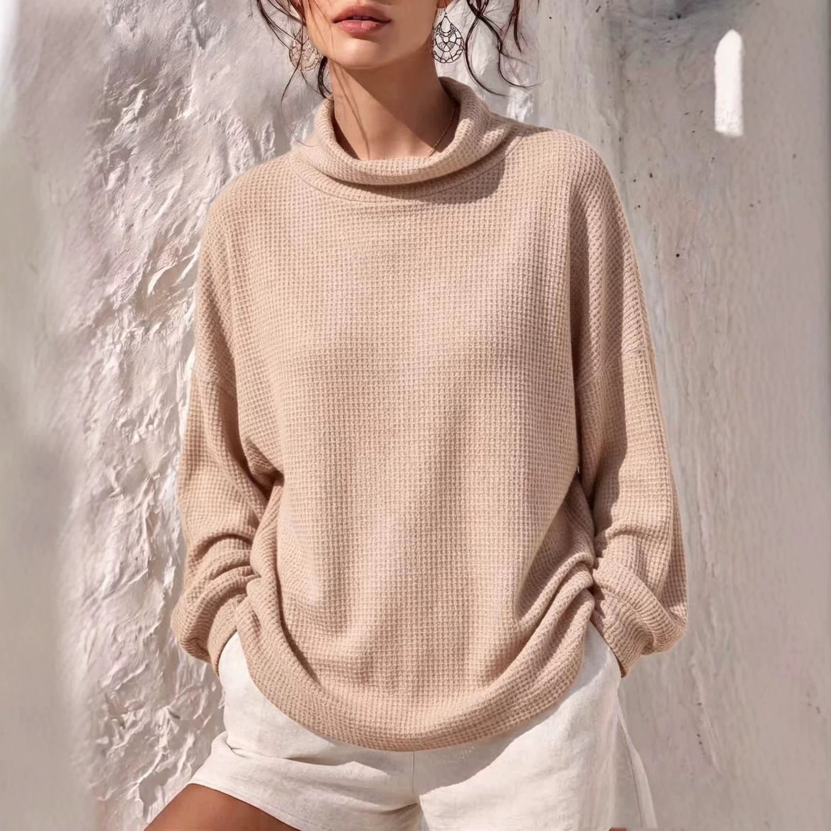 Waffle Knit Long Sleeve Scarf Neck Top Women's Loose Solid Color