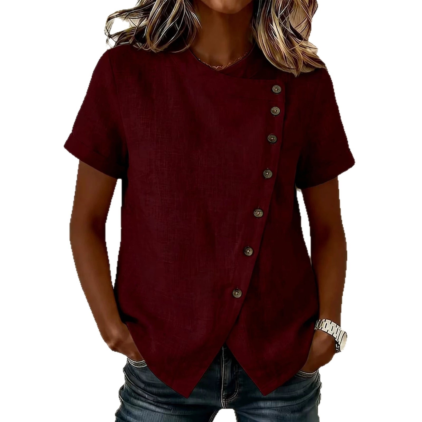 Women's Solid Cross Round Neck Short Sleeve Loose Irregular Top