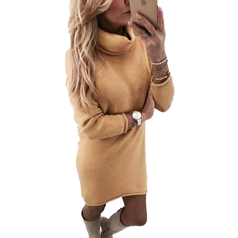 Long Sleeve Slim Fit Turtleneck Sweater Dress Midi Pullover Women's