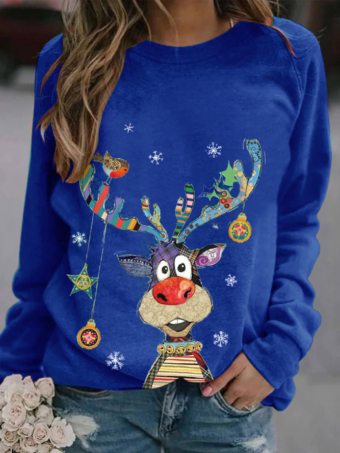 Christmas Deer Print Crewneck Long Sleeve Loose T-Shirt