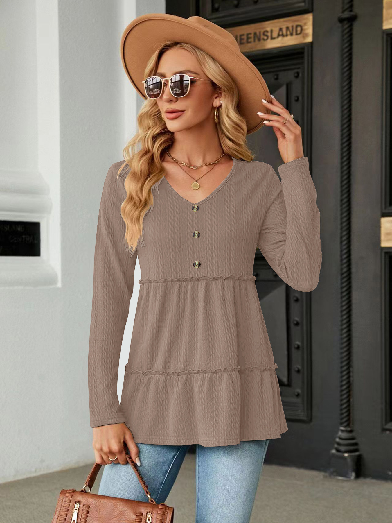 Solid V-Neck Buttoned Loose Long-Sleeve T-Shirt Top