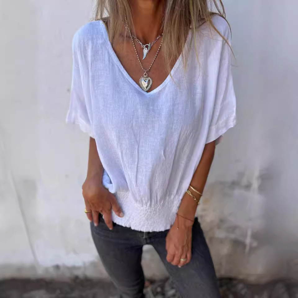 Women's V-Neck Loose Fit Cotton Linen Smocked Top Casual T-Shirt