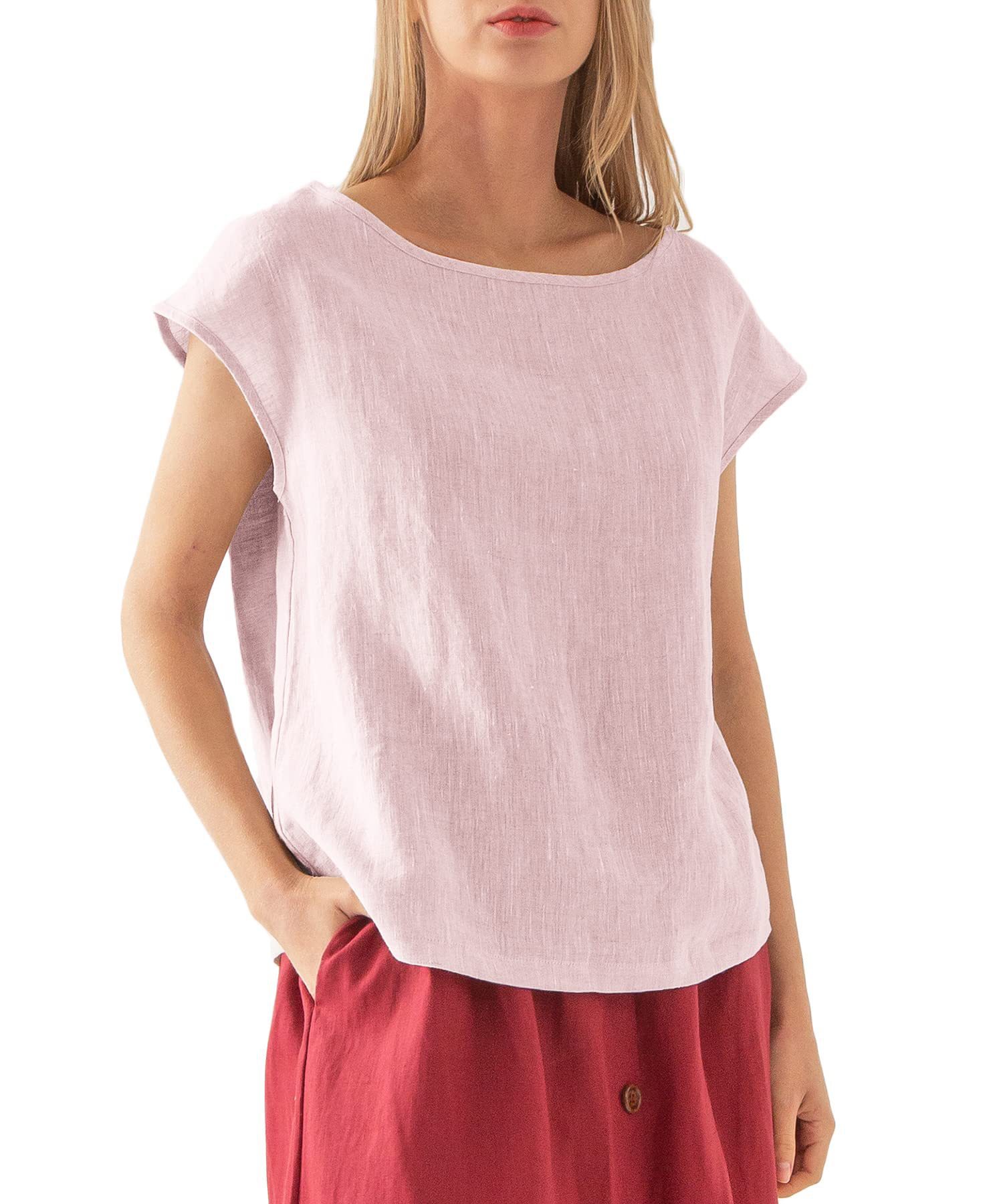 Women's Linen Short Sleeve Crewneck T-Shirt Solid Color Loose Fit