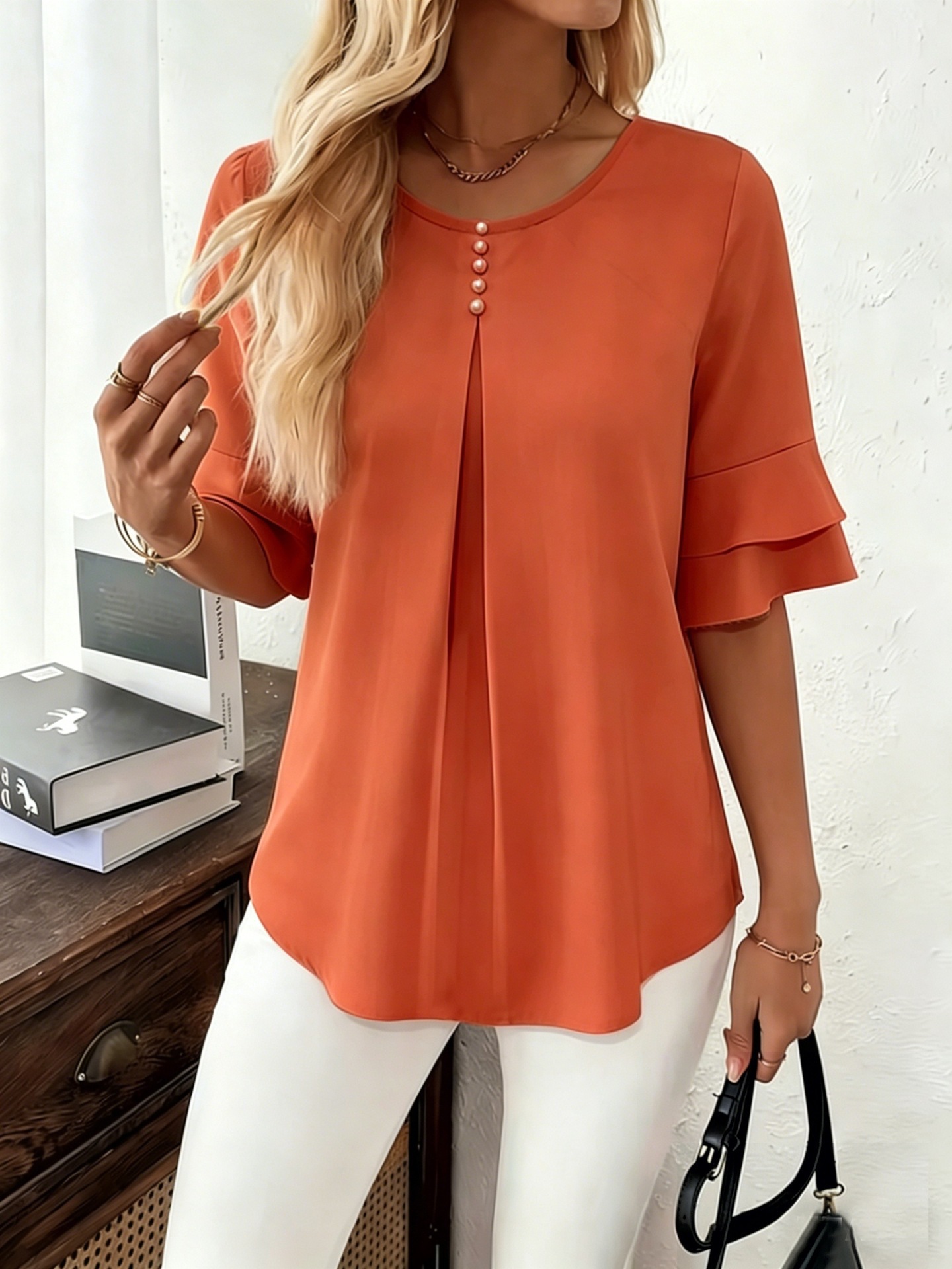 Women's Loose Double Ruffle Short Sleeve Blouse