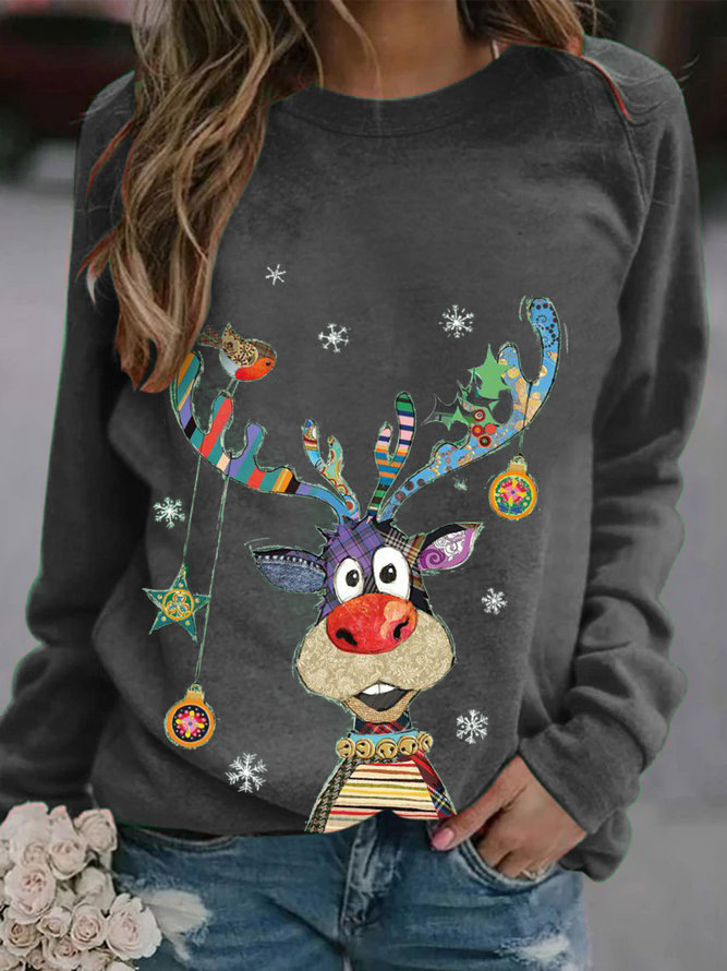 Christmas Deer Print Crewneck Long Sleeve Loose T-Shirt
