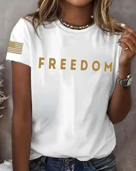 Freedom American Flag Print Crewneck Short Sleeve Women's Top