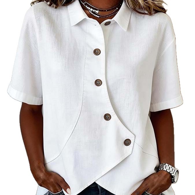 Women's Collared Button Short Sleeve T-Shirt with Irregular Hem
