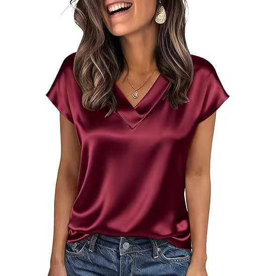 Satin V-Neck Short Sleeve Casual T-Shirt for Women