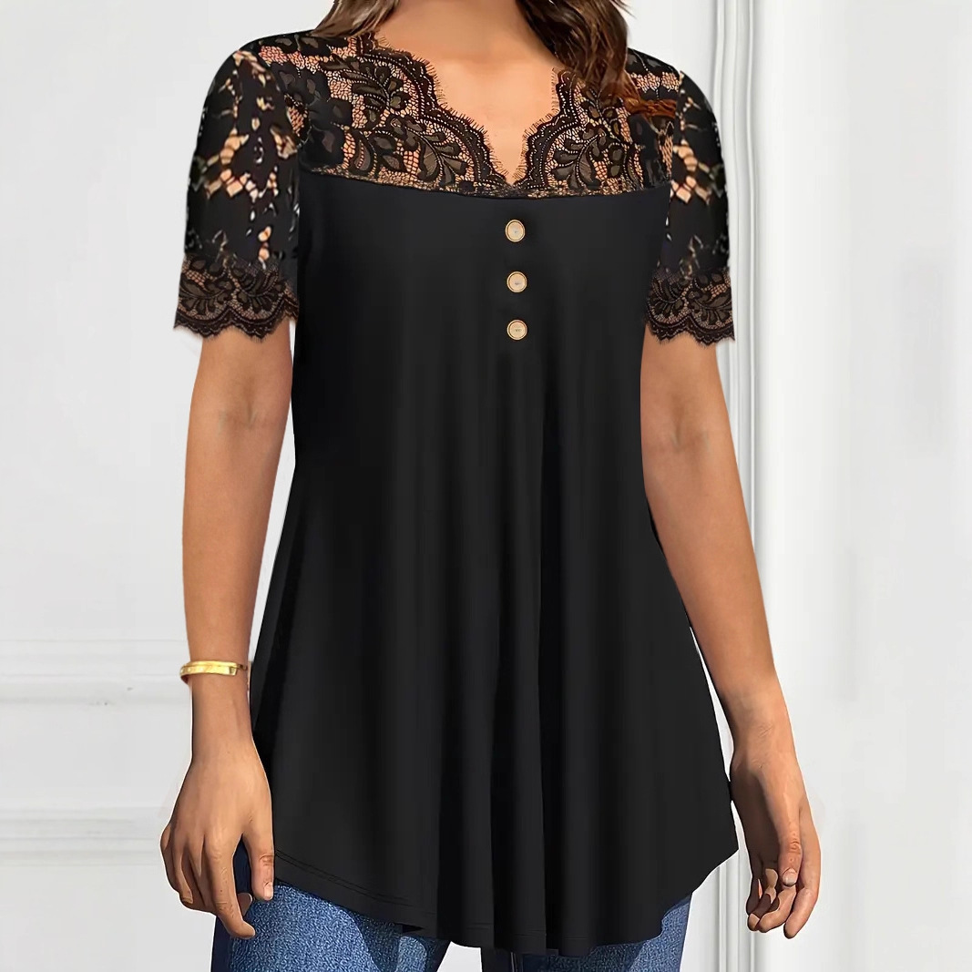 Women's Solid Lace Short Sleeve V-Neck Casual Blouse