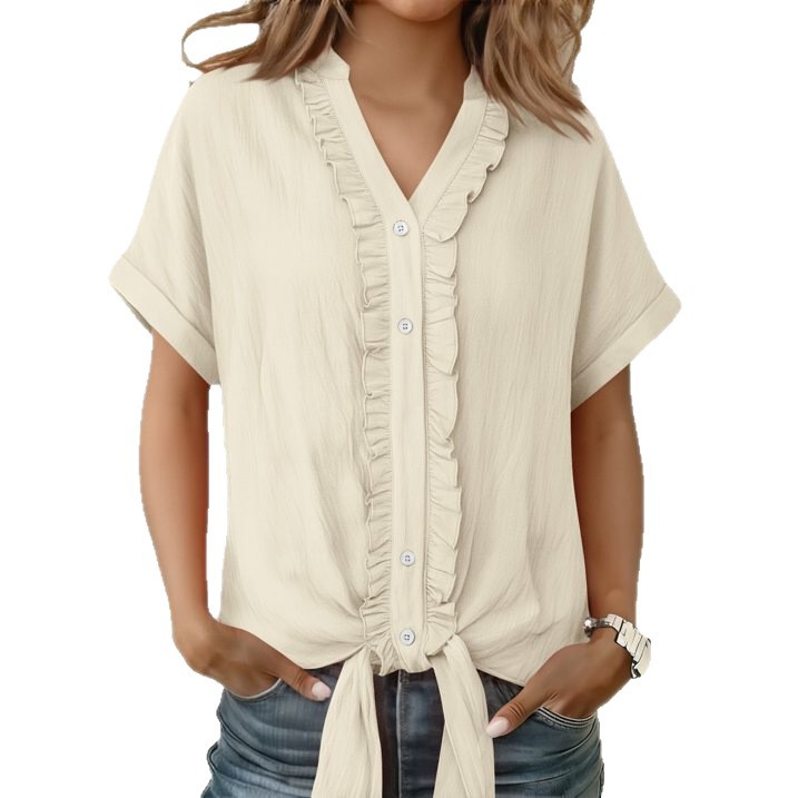 Women's Solid Color Short Sleeve Blouse T-Shirt Casual Loose Fit V-Neck