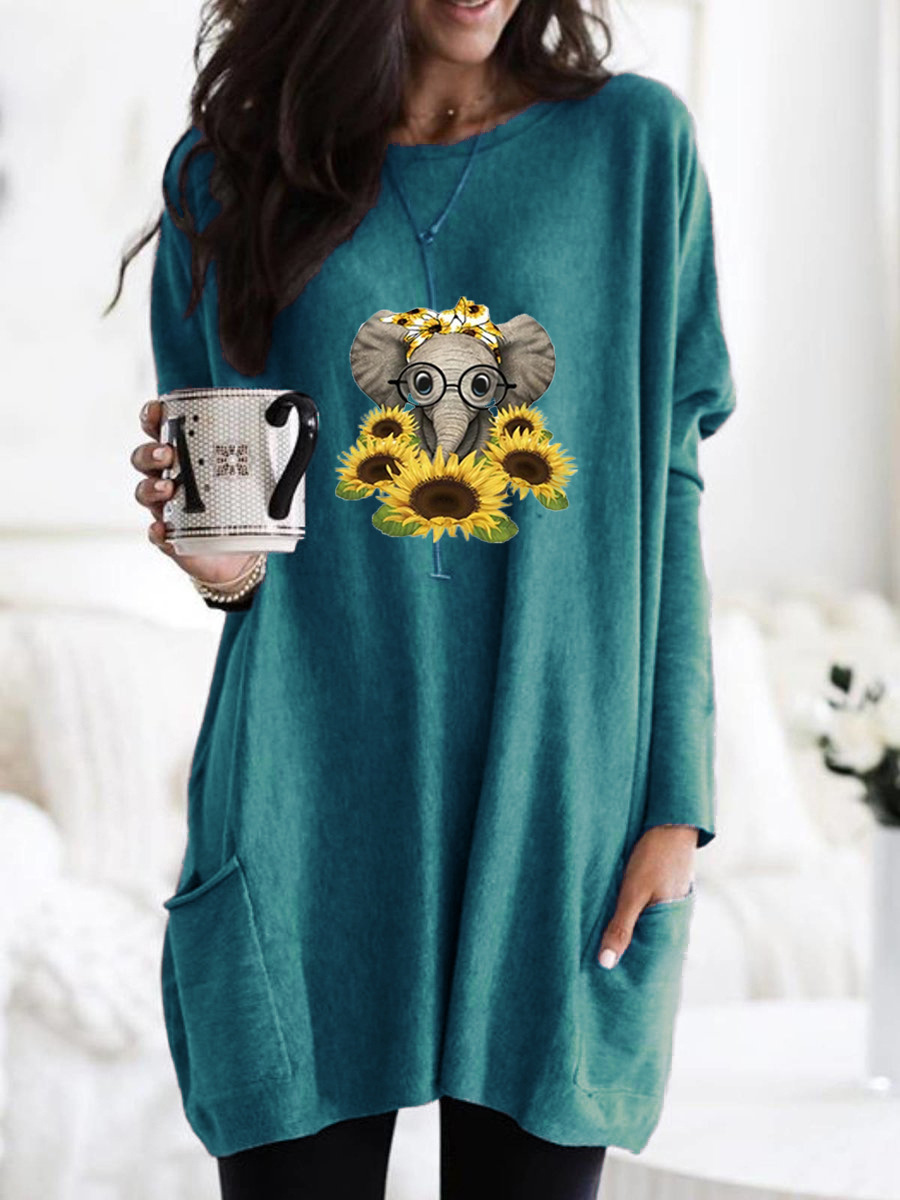 Women's Long Sleeve Loose Crewneck Elephant Print Pocket T-Shirt