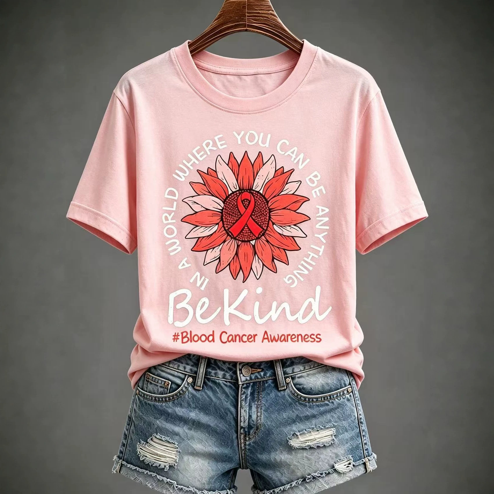 Sunflower Red Ribbon Letter Print Women's V-Neck Short Sleeve T-Shirt