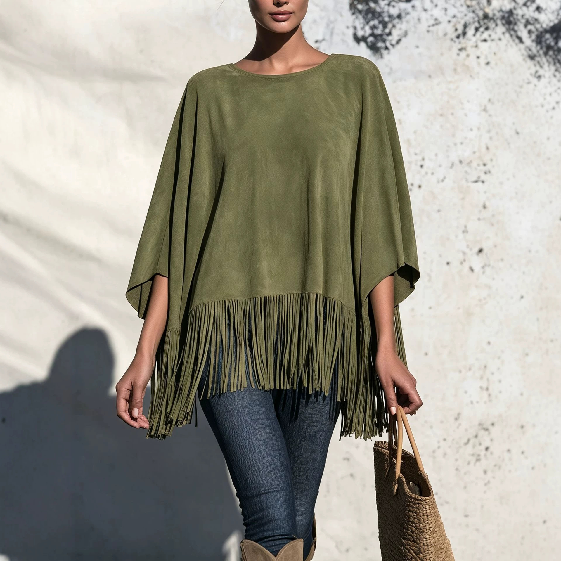 Women's Loose Crewneck Fringe T-Shirt Casual Solid Color