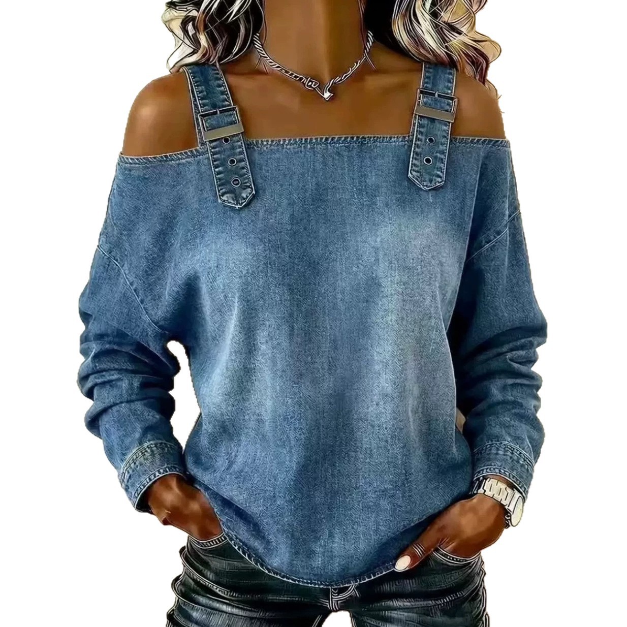 Women's Off-Shoulder Denim Top Long Sleeve Casual