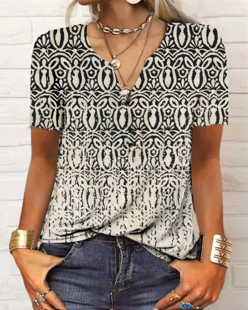 Women's Loose V-Neck Floral Print Short-Sleeve T-Shirt