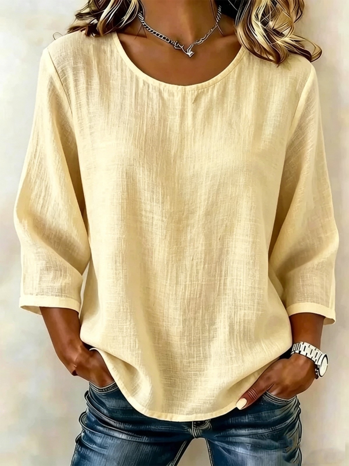 Women's Solid Crewneck Nine-Sleeve Loose Casual Top