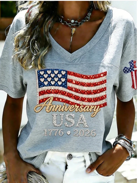 USA Flag 3D Print V-Neck Short Sleeve Women's T-Shirt